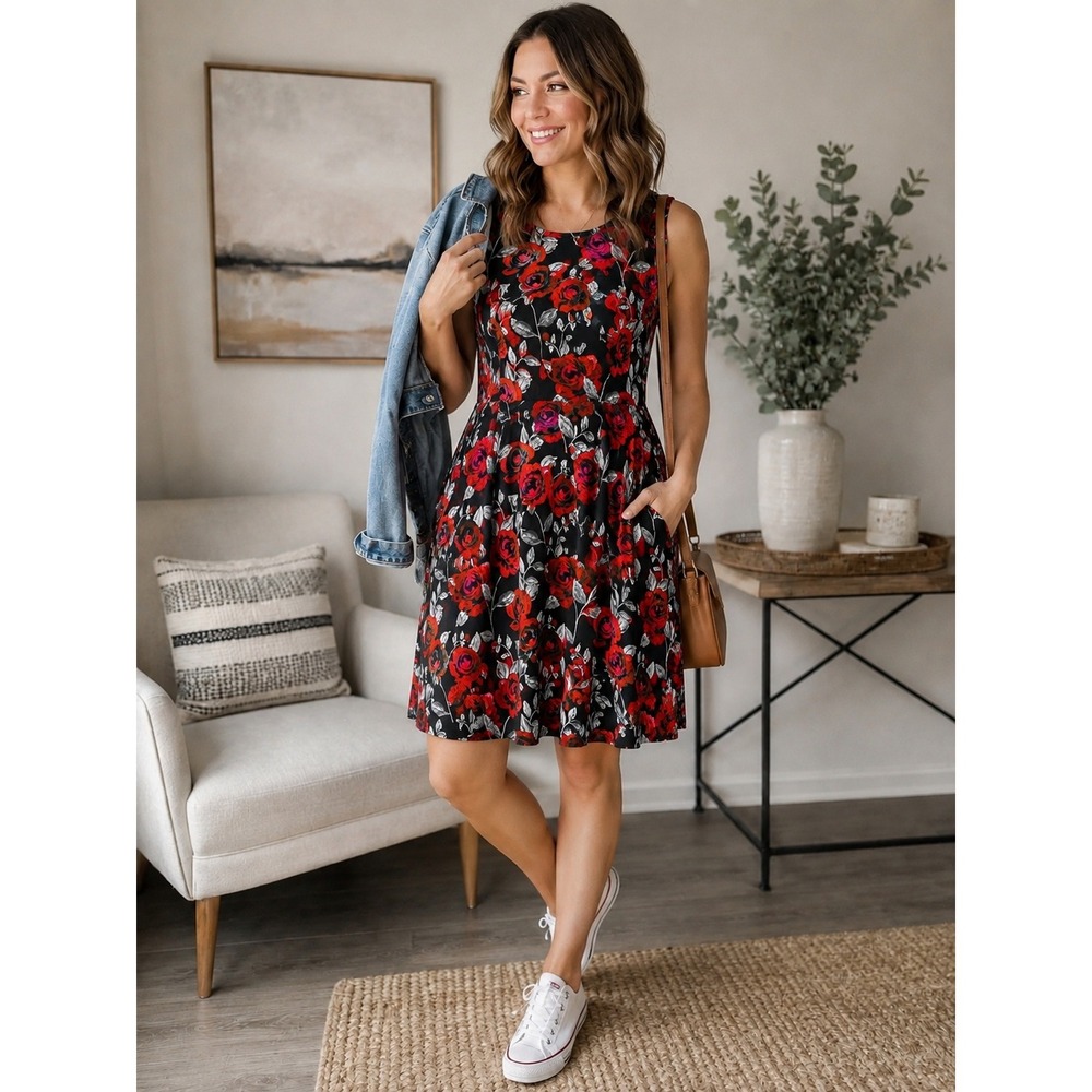 NWT Women's Small Rose Floral Dress Black Red Sleeveless A-Line Pockets Rayon